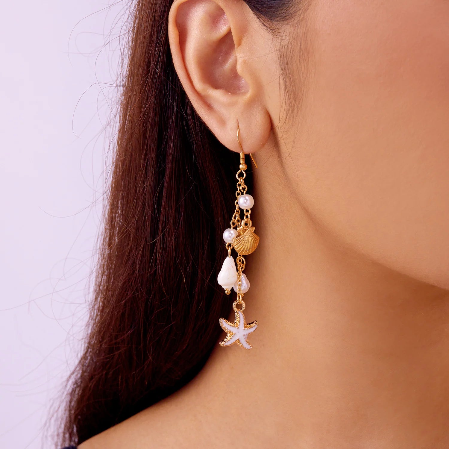Ocean Style Shell, Starfish and Conch Enamel Drop Earrings