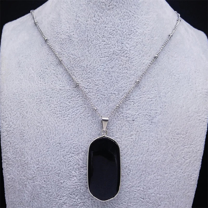 Black Obsidian Geometric Lucky Pendant Necklace Women Boho Natural Stone Stainless Steel Silver Color Necklaces Jewelry NA145S04 - Charlie Dolly
