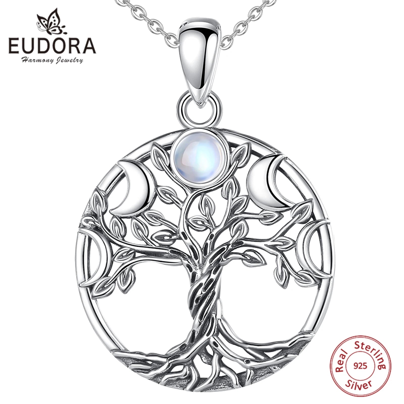 S925 Sterling Silver Tree of Life Moon Phase Necklace, Triple Moon Goddess Moonstone Amulet