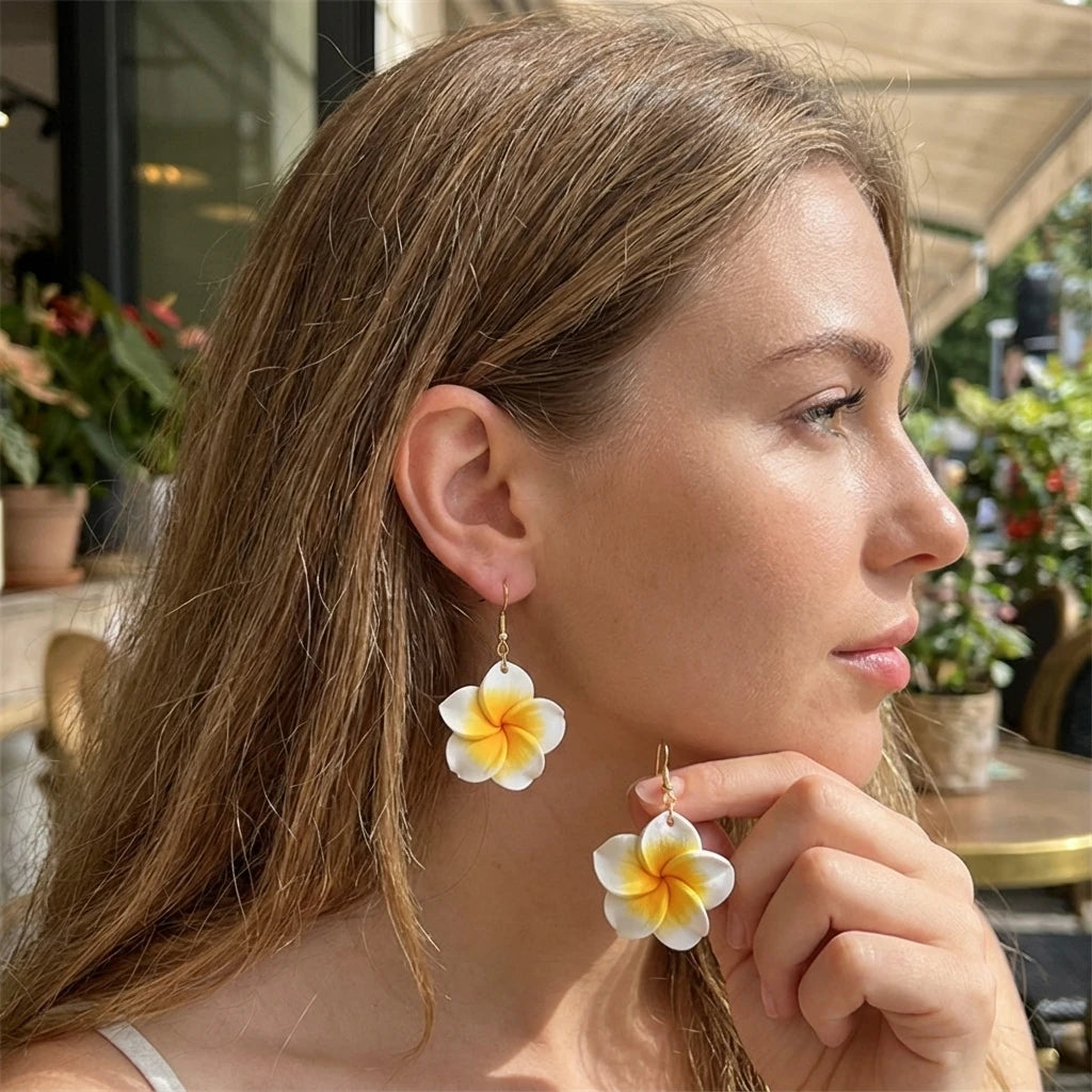 Pink Plumeria Clay Flower Drop Earrings Jewelry