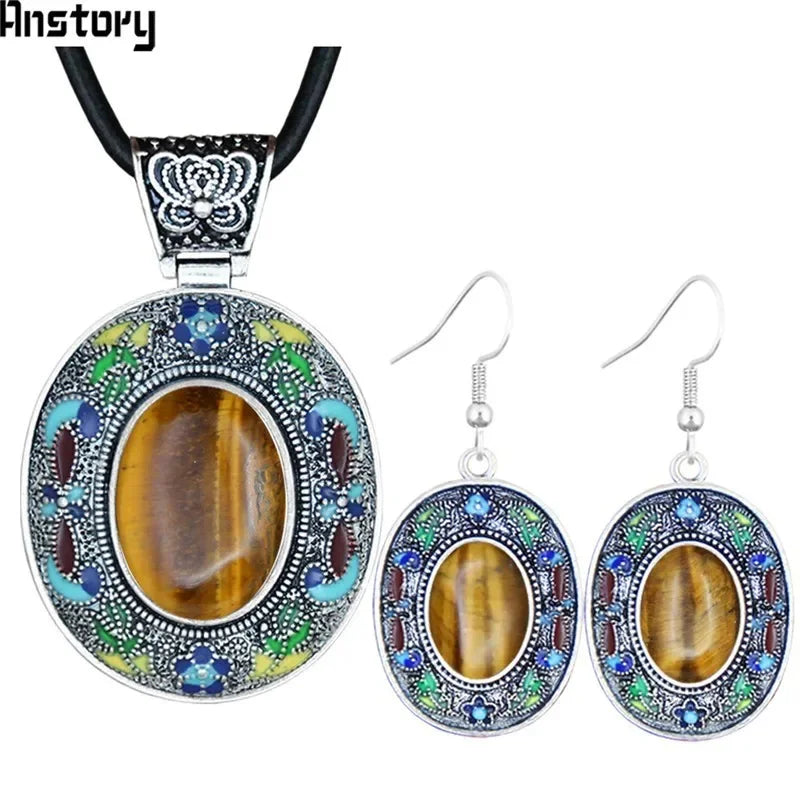 Vintage Oval Lapis Lazuli Jewelry Sets Natural Tiger Eey Unakite Quartz Necklace Earrings Bohemia Fashion Jewelry TS456 - Charlie Dolly