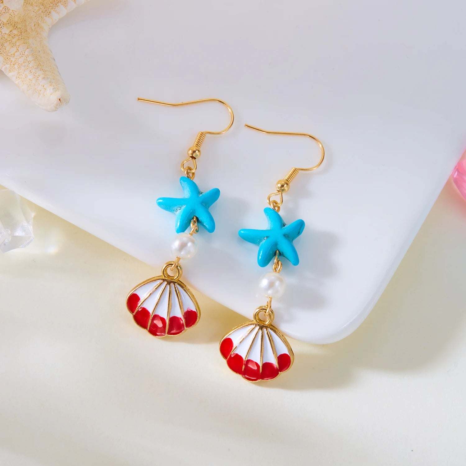 Ocean Style Shell, Starfish and Conch Enamel Drop Earrings