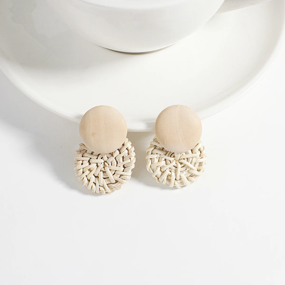 Wooden Rattan Braid Geometric Drop Earrings Jewelry