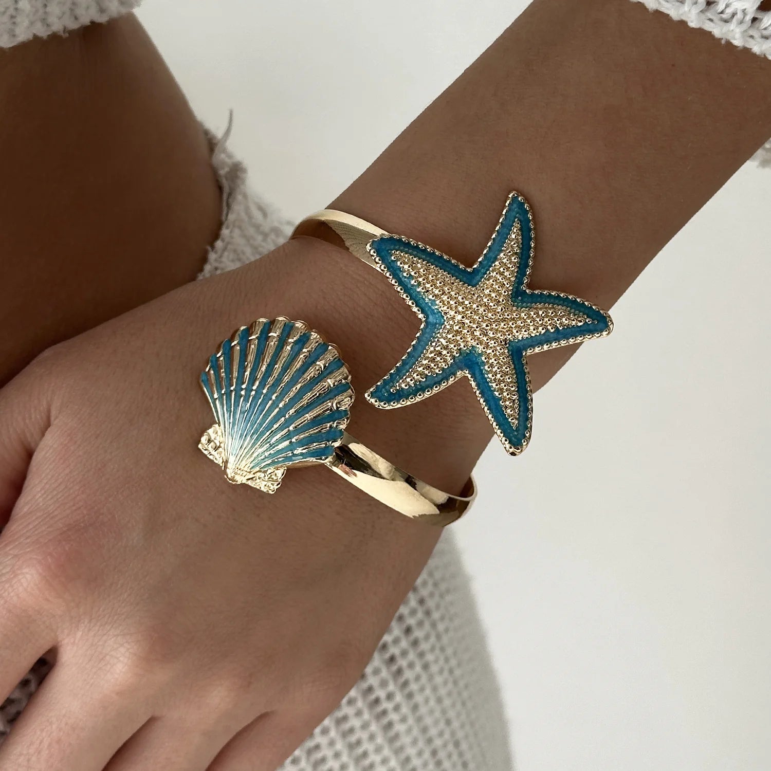 Starfish and Shell Enamel Bangle Bracelet