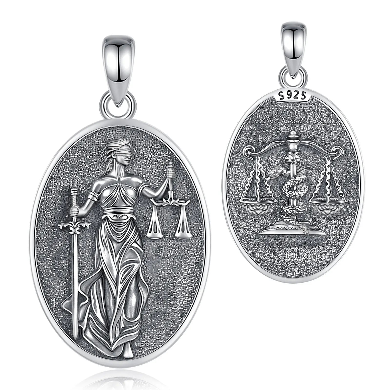 S925 Sterling Silver Themis Goddess of Justice Pendant Necklace, Sword & Scales Wicca Talisman