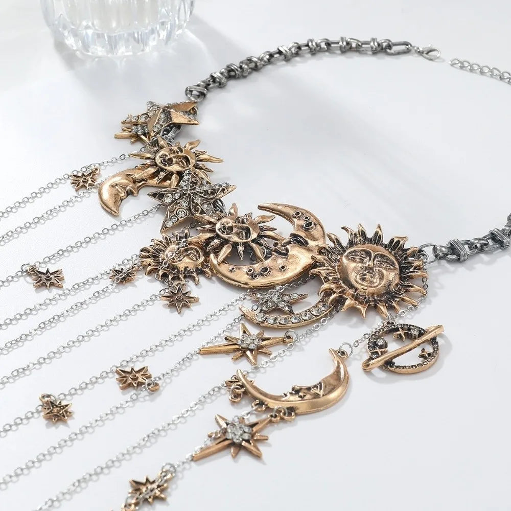 Sun Moon Star Layered Tassel Necklace Jewelry