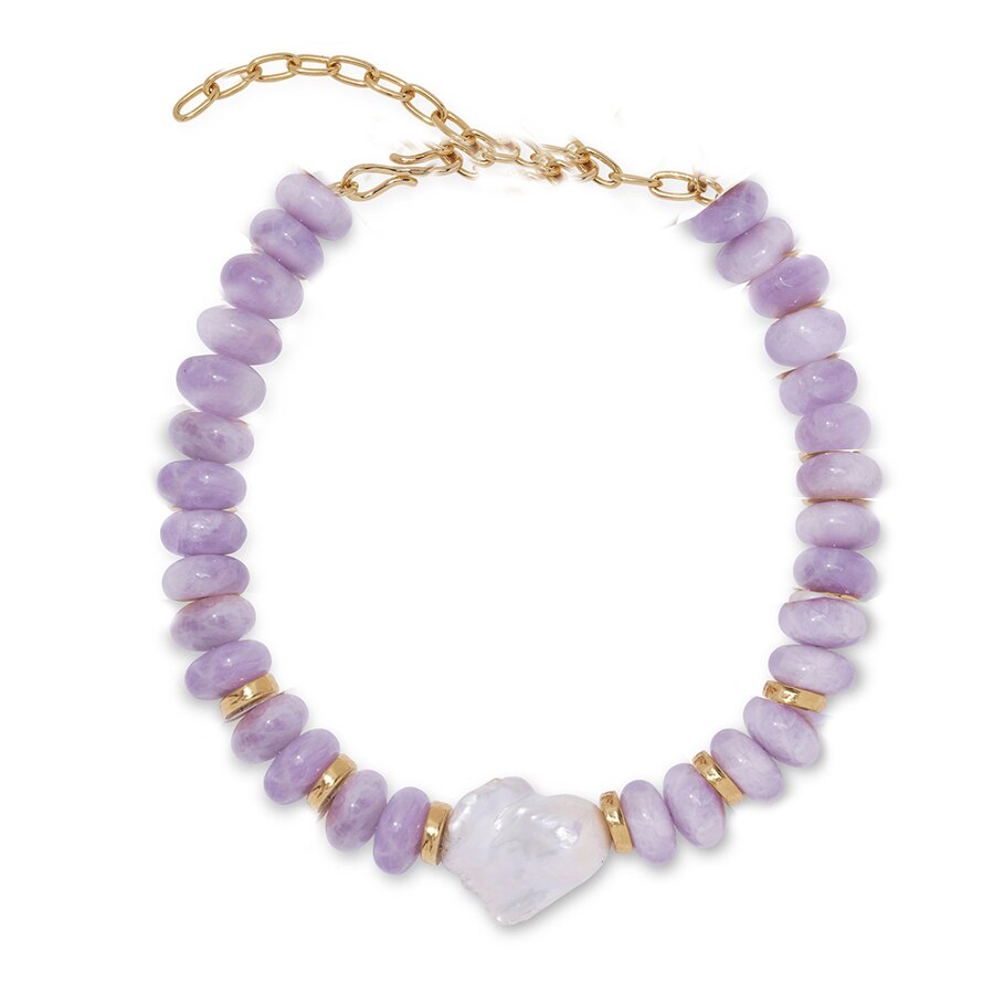 natural stone beaded Kunzite gold-plated bead collar freshwater accents large baroque pearl focal Hook fastening necklace women