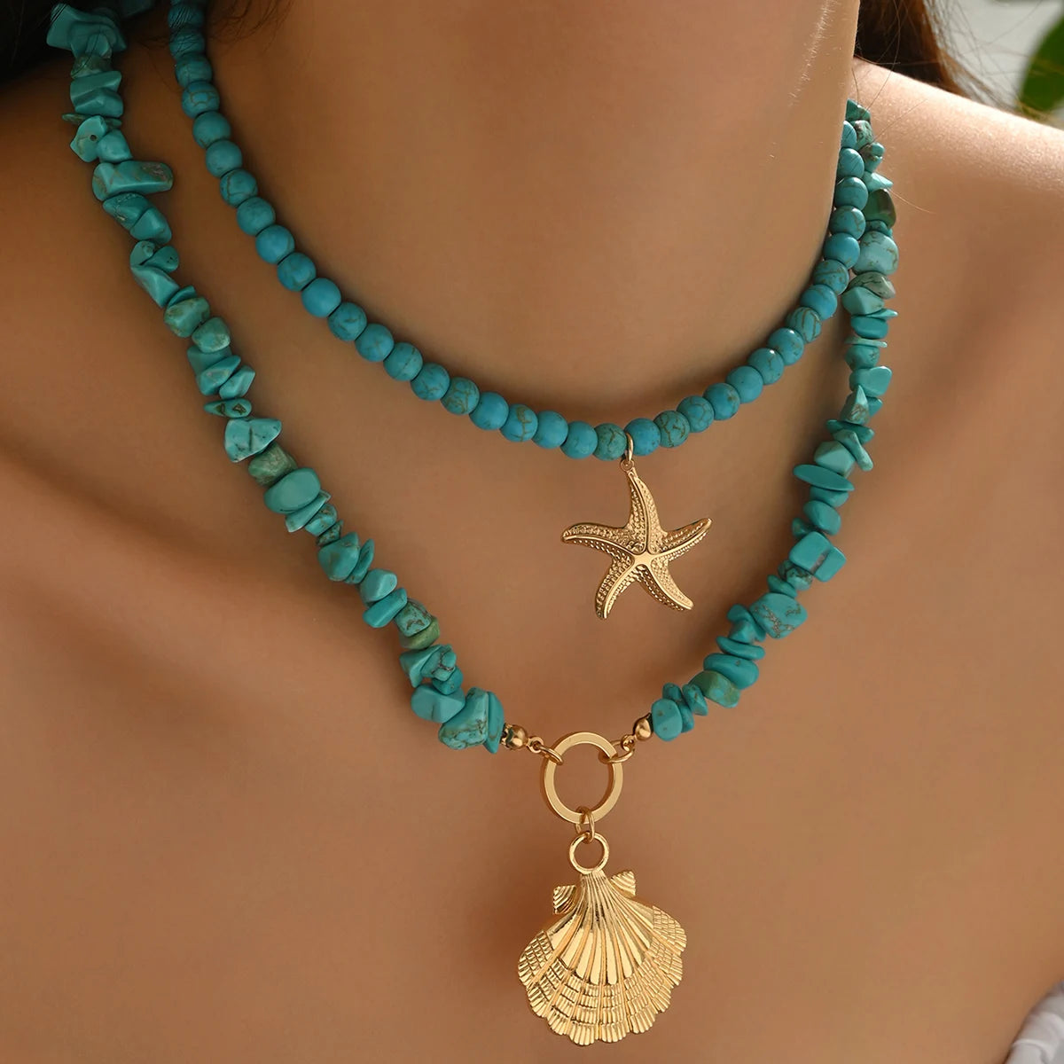Turquoise Seashell Starfish Layered Choker Set Jewelry