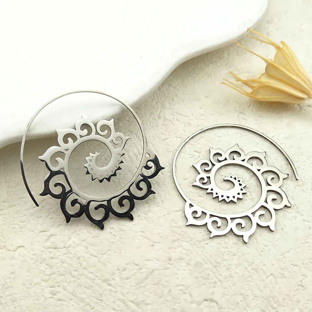 Mandala Spiral Steel Hoop Earrings Jewelry