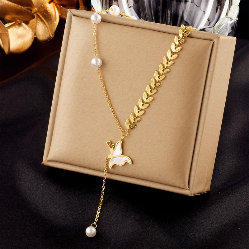 DIEYURO 316L Stainless Steel Butterfly Moon Lock Blue Eyes Pendant Necklace For Women Multilayer Choker Chain Jewelry Gifts - Charlie Dolly
