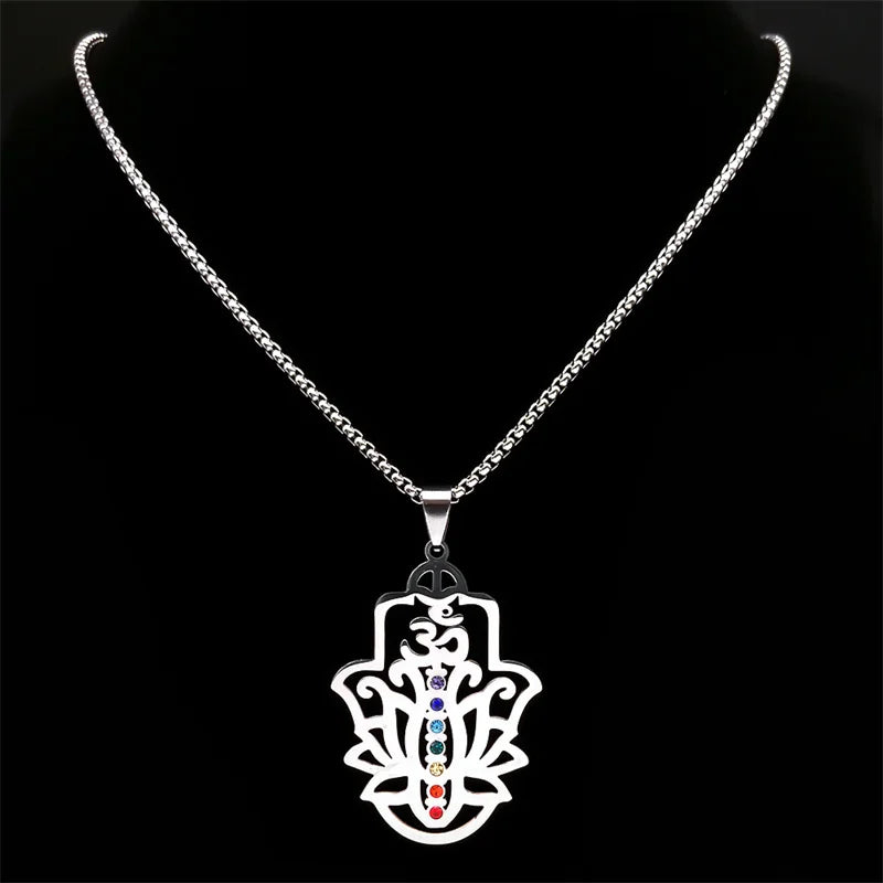 Seven Chakra Om Lotus Flower Pendant Necklace, Stainless Steel Yoga Healing Amulet