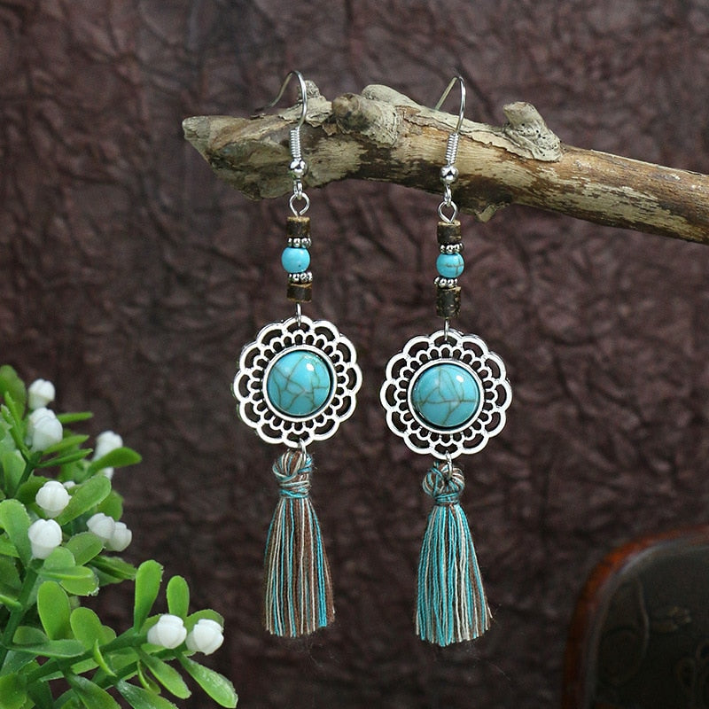 53 Styles Bohemian Vintage Tibetan Silver Geometric Drop Earrings For Women Ethnic Blue Stone Tassel Dangle Earrings Jewelry