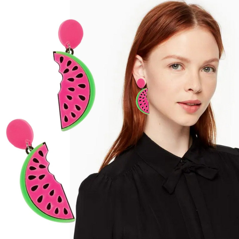 Acrylic Vegetables Fruits Summer Earrings For Girls Cute Cartoon Dragon Strawberry Watermelon Broccoli Pineapple Lemon Earrings