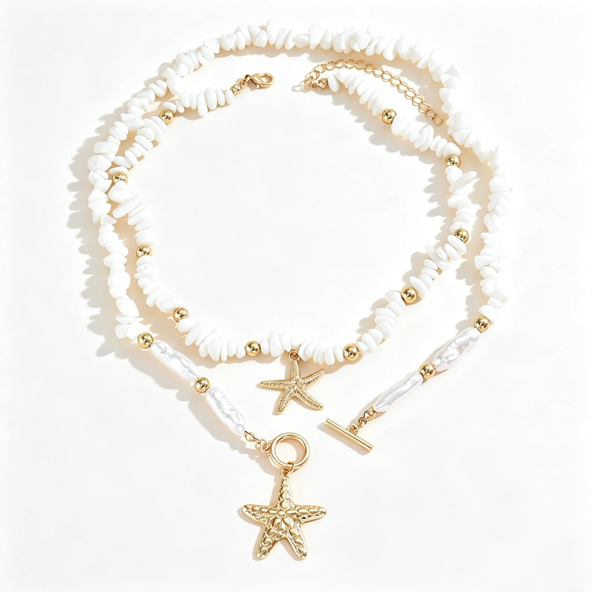 White Stone Chip Pearl Starfish Layered Set Jewelry