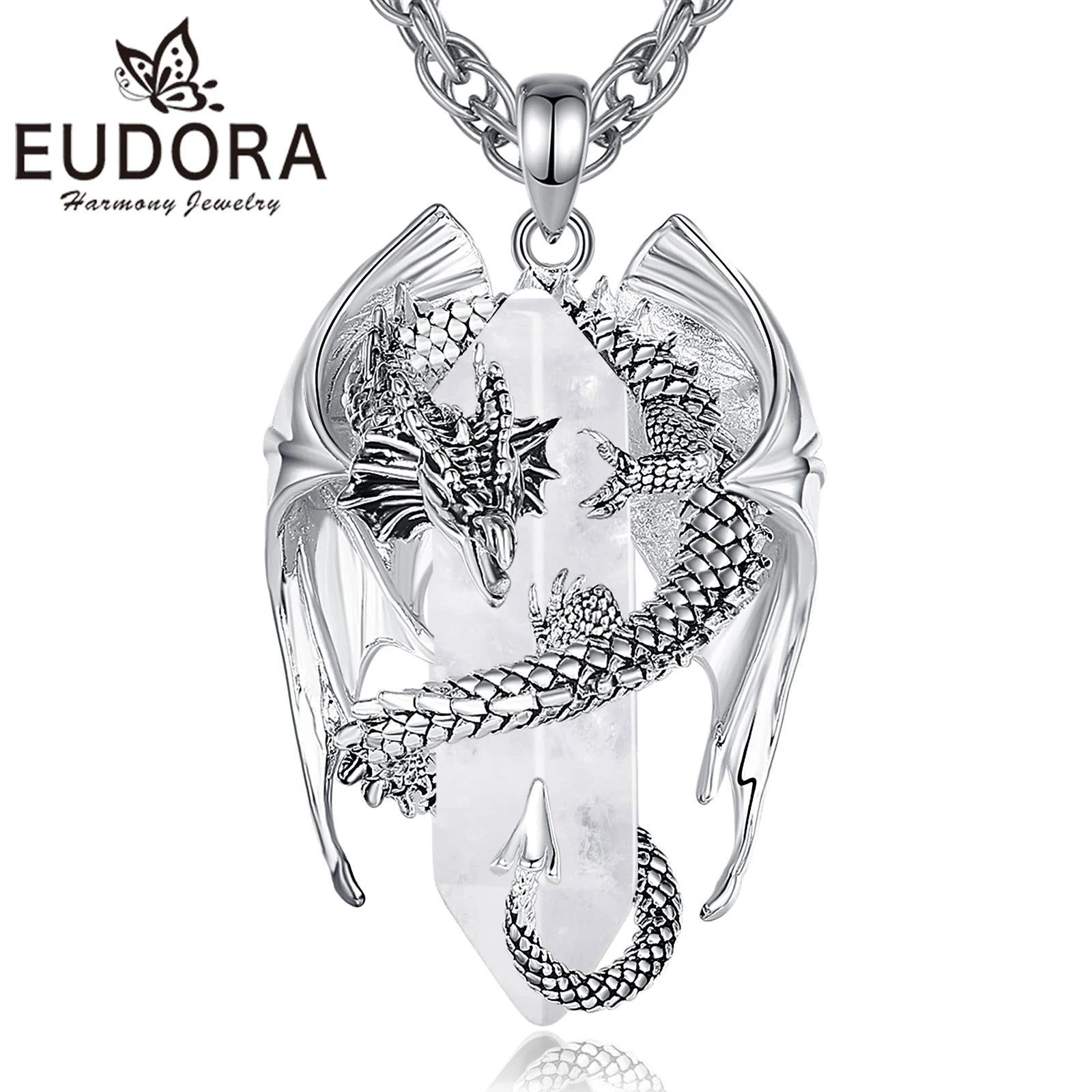 Natural Clear Quartz Dragon Pendant Necklace, Hexagonal Healing Crystal Amulet