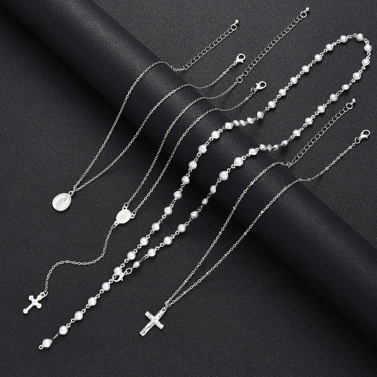Silver Pearl Cross Pendant Layered Necklace Set Jewelry
