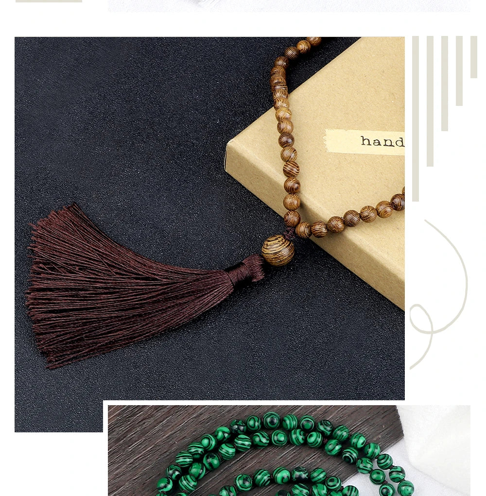 Men Natural Malachite Stones Necklaces Boho 108 Tiger Eye Beads Handmade Necklace with Tassel Yoga Medit Jewelry Gifts For Women - Charlie Dolly
