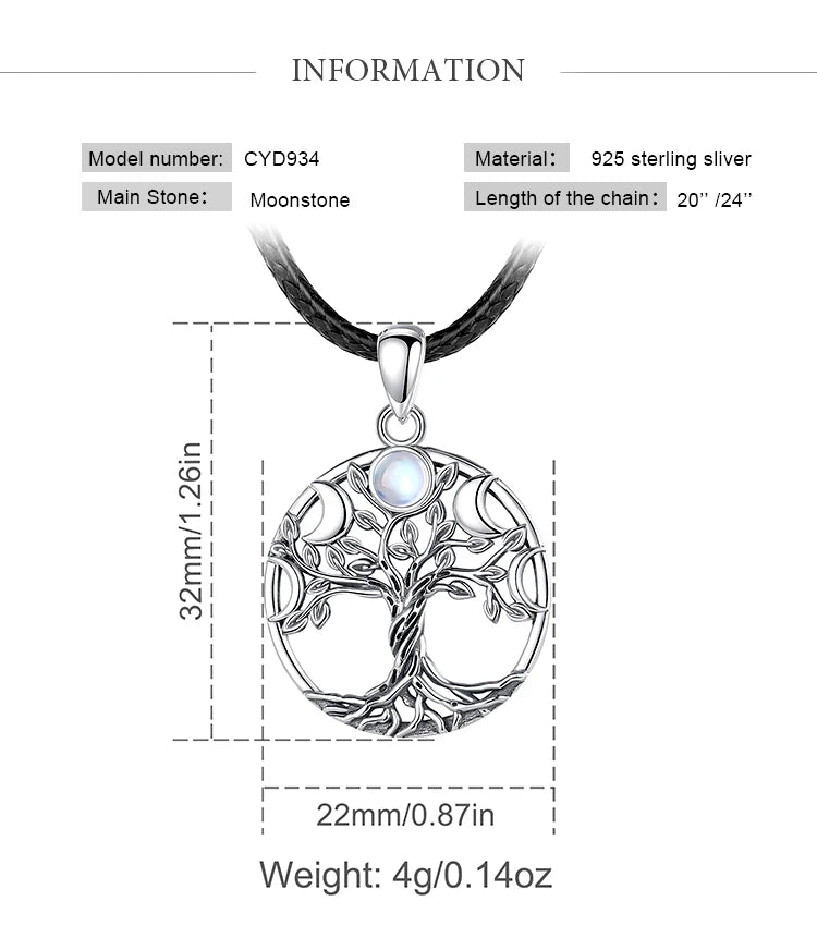 S925 Sterling Silver Tree of Life Moon Phase Necklace, Triple Moon Goddess Moonstone Amulet