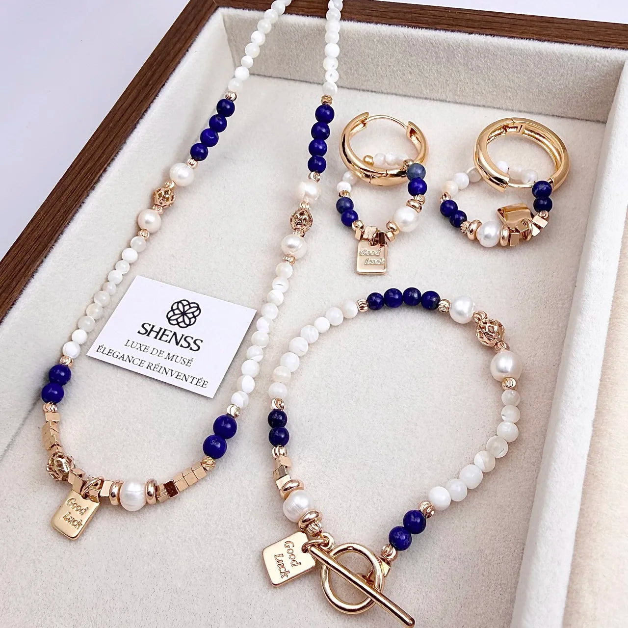 Lapis Lazuli Freshwater Pearl Metal Combined Jewelry Set Necklace Bracelet Earrings 3Piece Set Minimalist Luxury Niche High End - Charlie Dolly