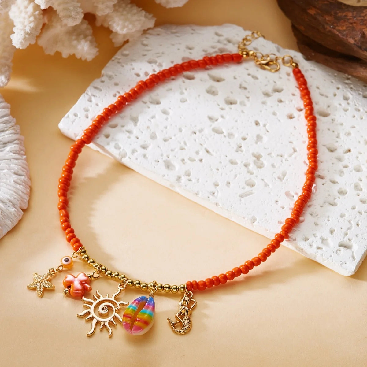 Coral, Rice Bead and Shell Boho Necklace, Earring or Ring