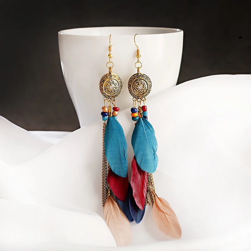 Feather Crystal Flower Bead Long Earrings Jewelry