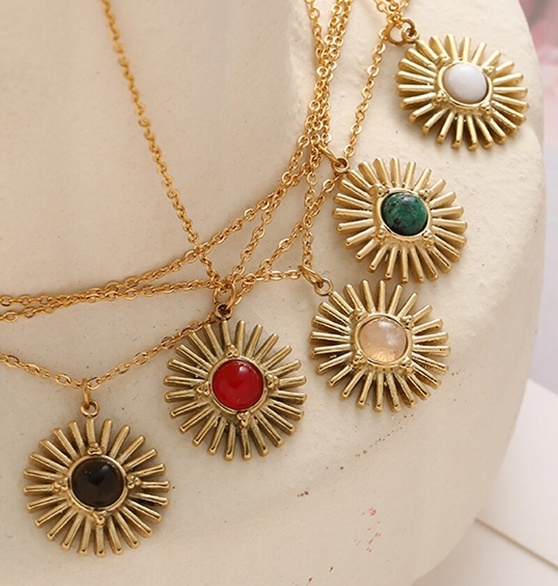 Bohemia Natural Stone Sunflower Pendant Necklaces for Women Stainless Steel Clavicle Chain Necklaces Female Party Jewelry Gifts