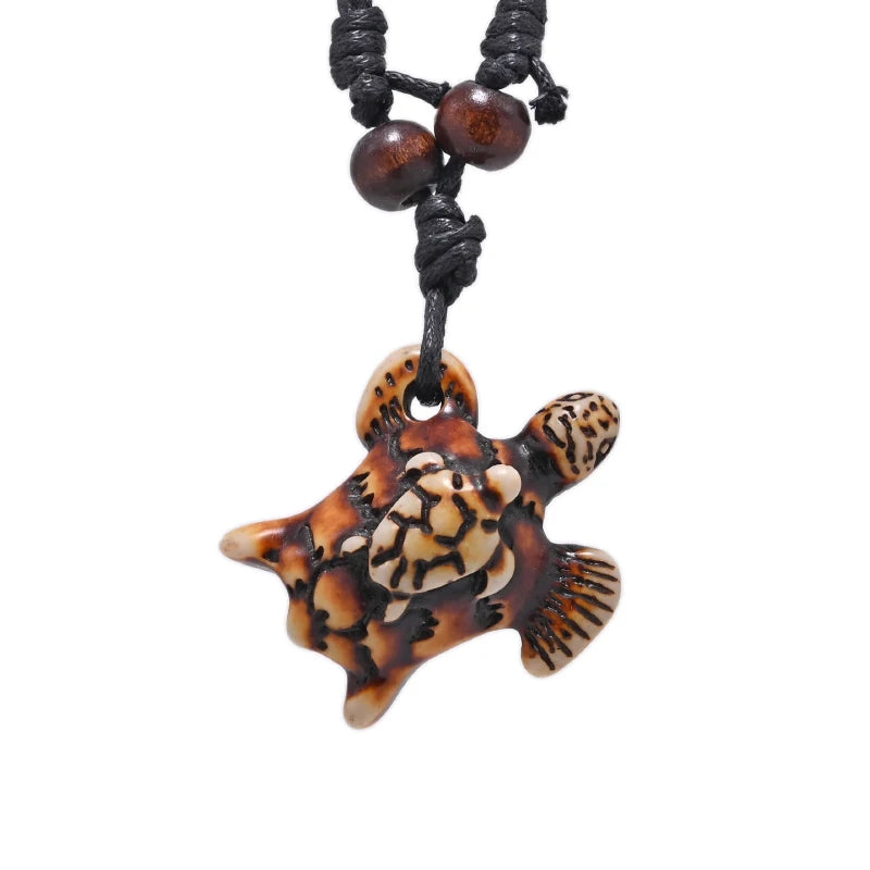 Sea Turtle Bone Pendant Wax Cord Necklace Jewelry