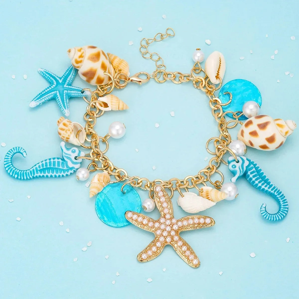 Bohemian Conch, Starfish and Shell Beaded Bangle Bracelet
