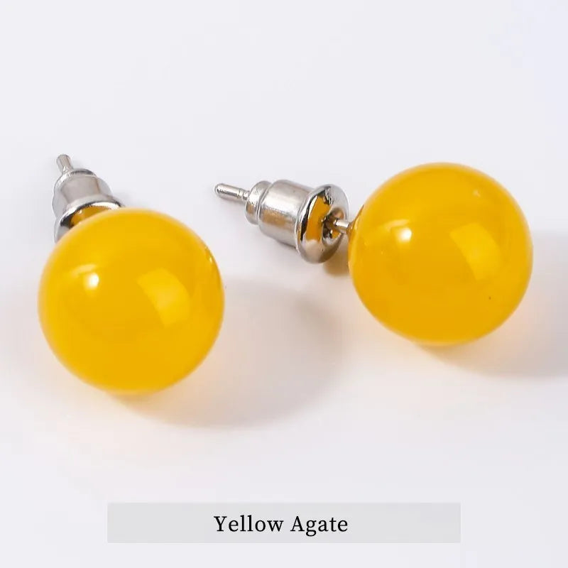 Natural Stone Agate Quartz Lapis Lazuli Tiger Eye Round Bead Stud Earrings Women Fashion Simple Stainless Steel Crystal Ear Stud - Charlie Dolly