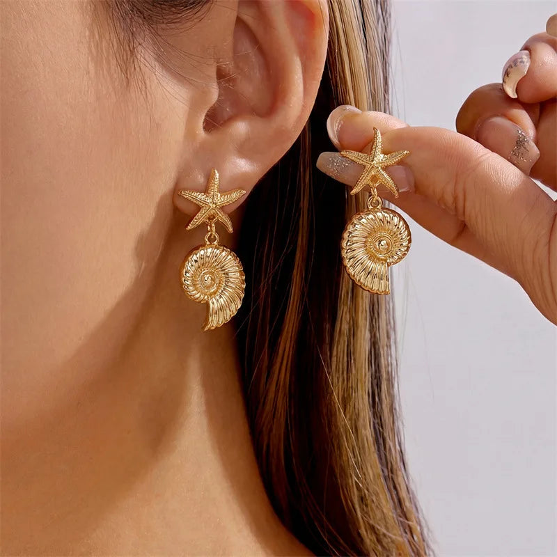 Boho Starfish, Conch and Scallop Pearl Pendant Earrings
