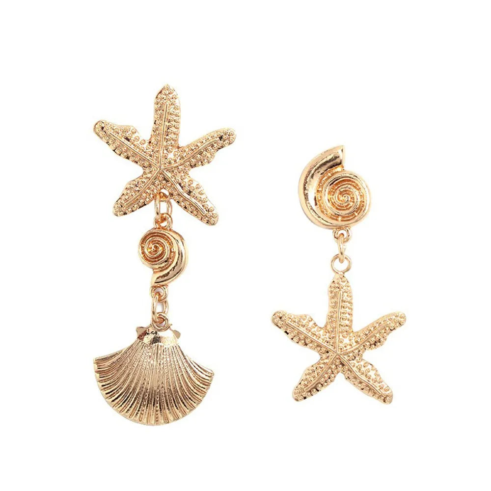 Asymmetric Starfish and Shell Metal Star Earrings