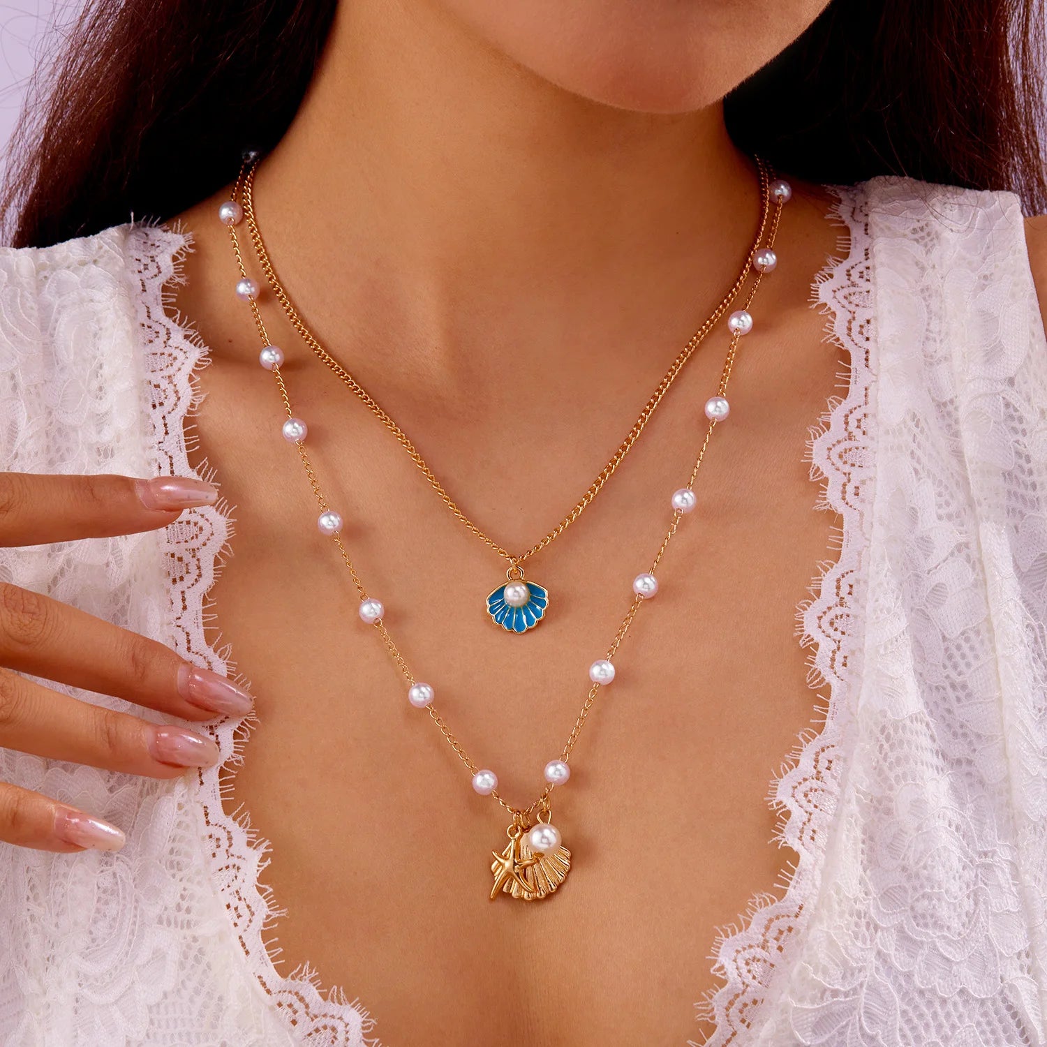 Double Layered Sea Shell and Starfish Boho Necklace