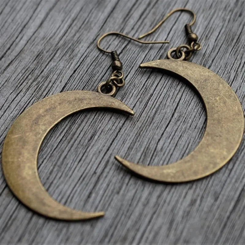 Big Crescent Moon Bronze Drop Earrings, Vintage Celestial Witchy Talisman