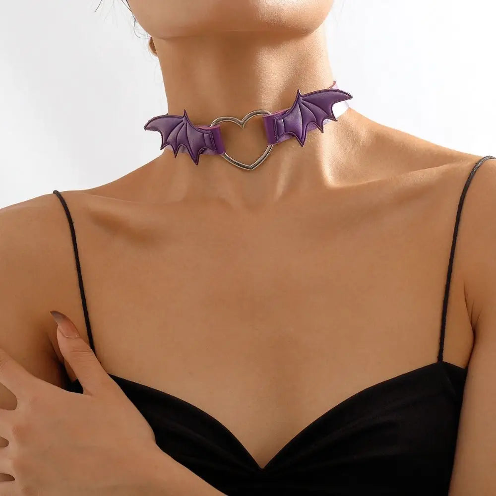 Leather Bat Wings Choker Goth Cute Heart Necklace Punk Gothic