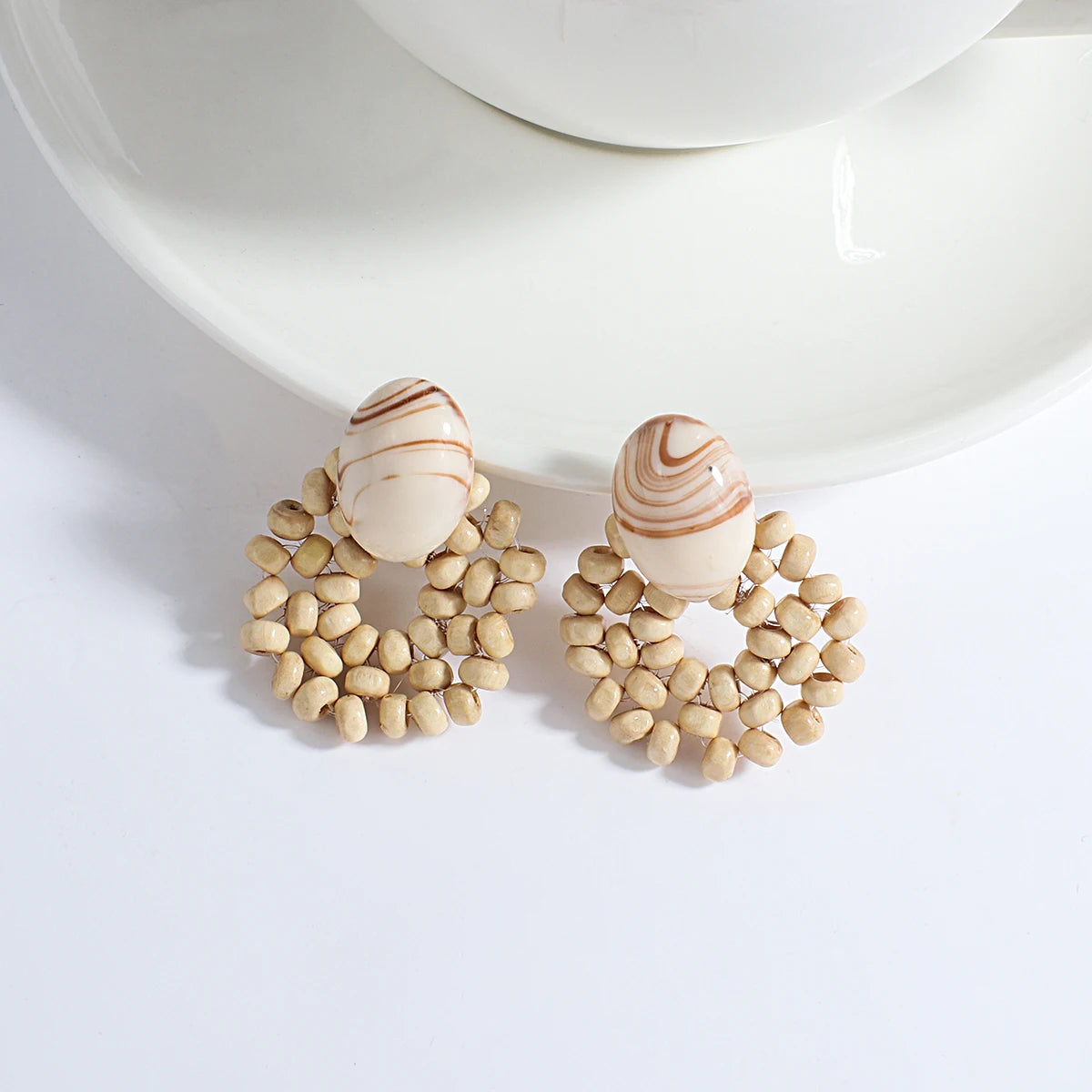 Wooden Rattan Braid Geometric Drop Earrings Jewelry