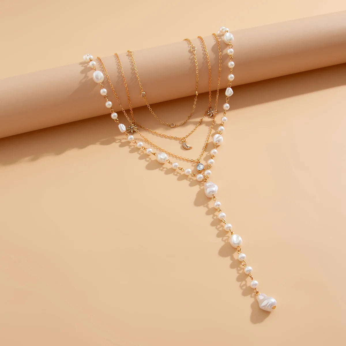 Moon Water Drop Star Pearl Layered Necklace Jewelry