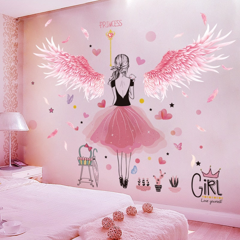 Creative Pink Feathers Wings Wall Stickers DIY Cartoon Girl Wall Decals for Kids Rooms Kindergarten Nursery Home Decoration