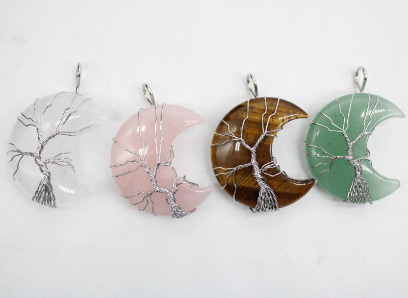 7 Chakras Tree of Life Necklace Wire Wrap Crescent Moons Amethyst Crystal Pendants Quartz Natural Stone Agates Aventurine Make