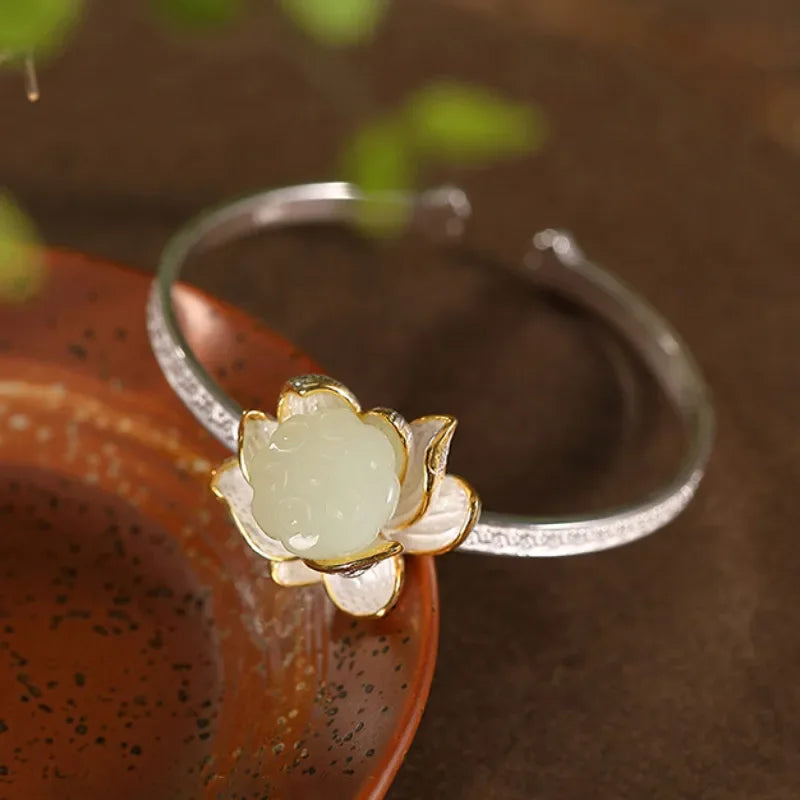 Natural Hotan Jade Lotus Flower Jewelry Set, Necklace Ring Bracelet Hairpin Boutique
