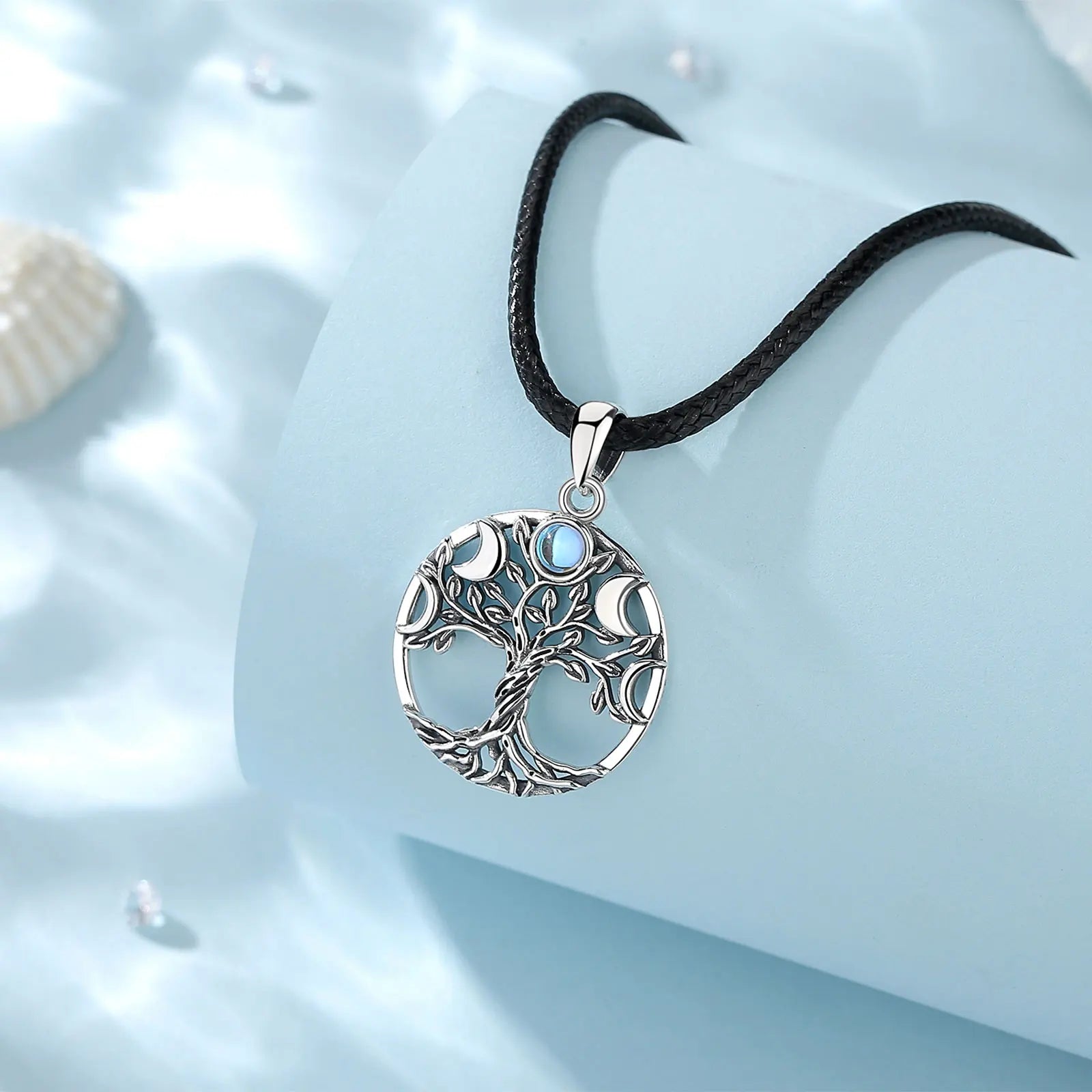 S925 Sterling Silver Tree of Life Moon Phase Necklace, Triple Moon Goddess Moonstone Amulet