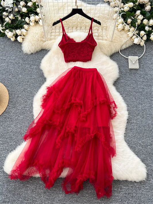 SINGREINY Sexy Lace Two Pieces Suits Women Sleeveless Strapless Camisole+Irregular Elastic Waist Skirt Fashion Gauze Party Sets - Charlie Dolly
