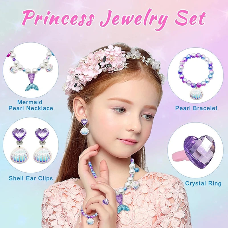 Princess Mermaid Shell Charm Necklace and Bracelet Set (5 Pieces)