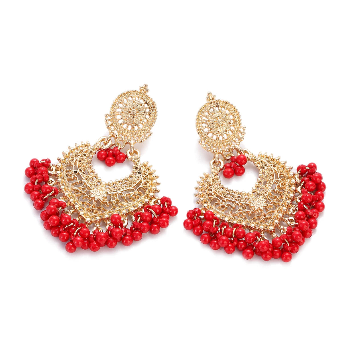 Gold Carved Heart Pink Bead Jhumka Earrings Jewelry