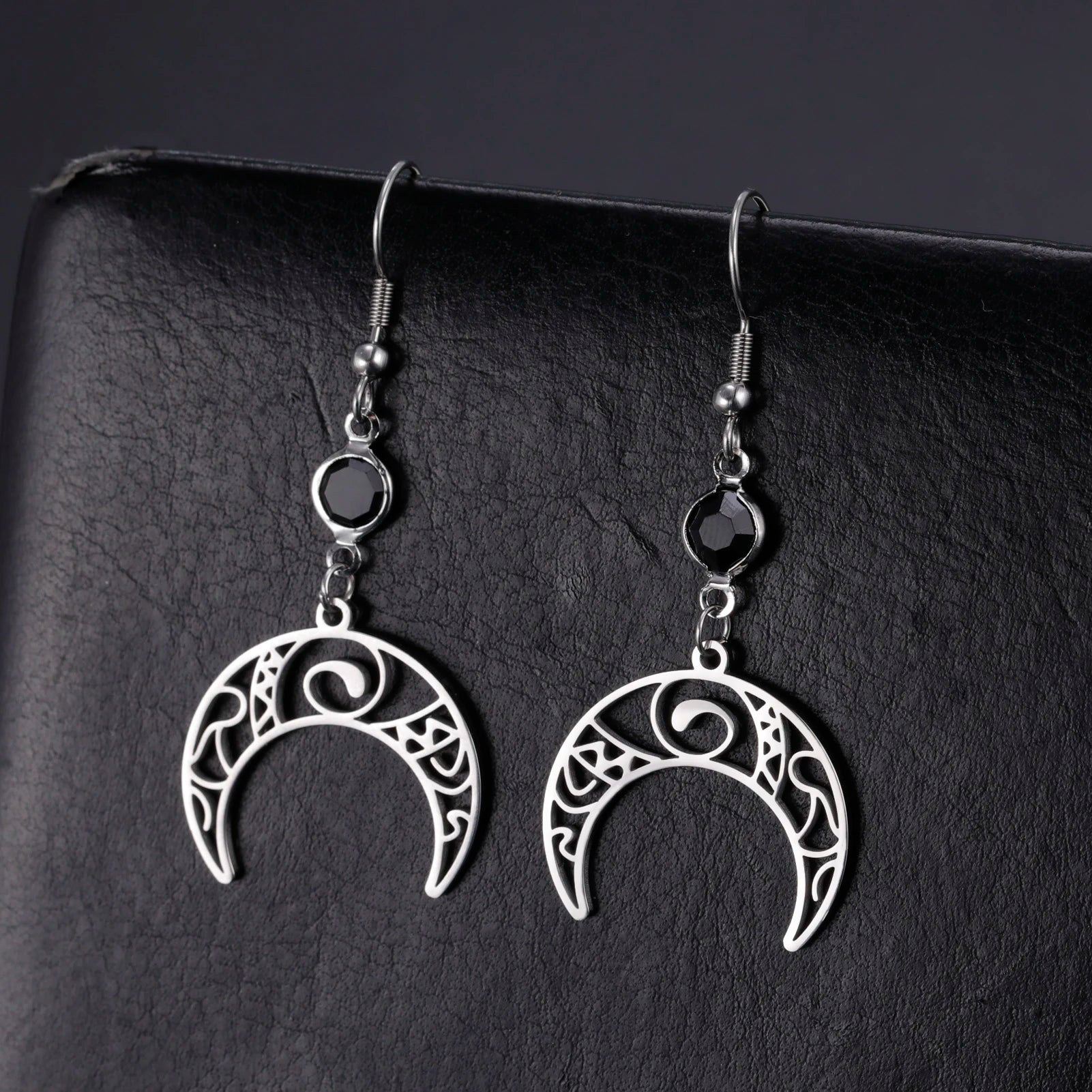 Triple Moon, Rune & Pentagram Hoop Earrings, Stainless Steel Witchy Amulet