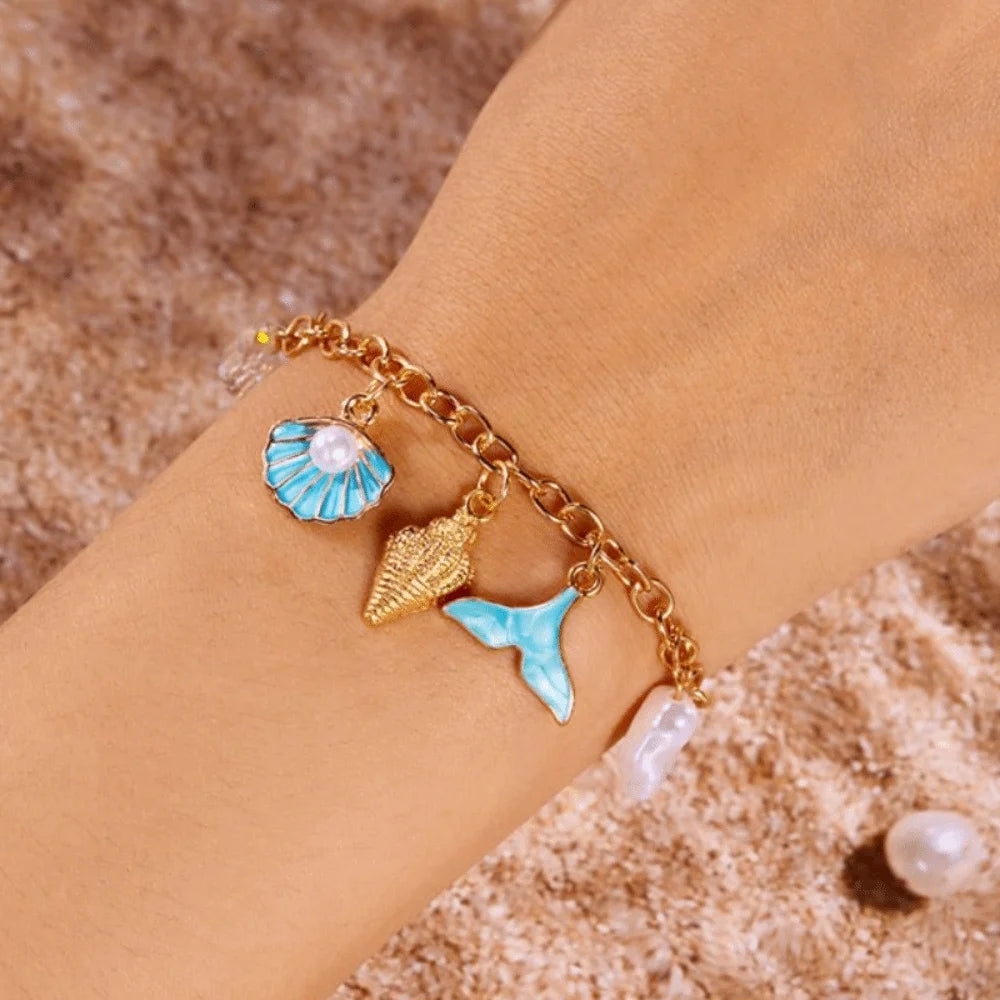 Pearl, Shell and Starfish Gold Tassel Boho Bracelet