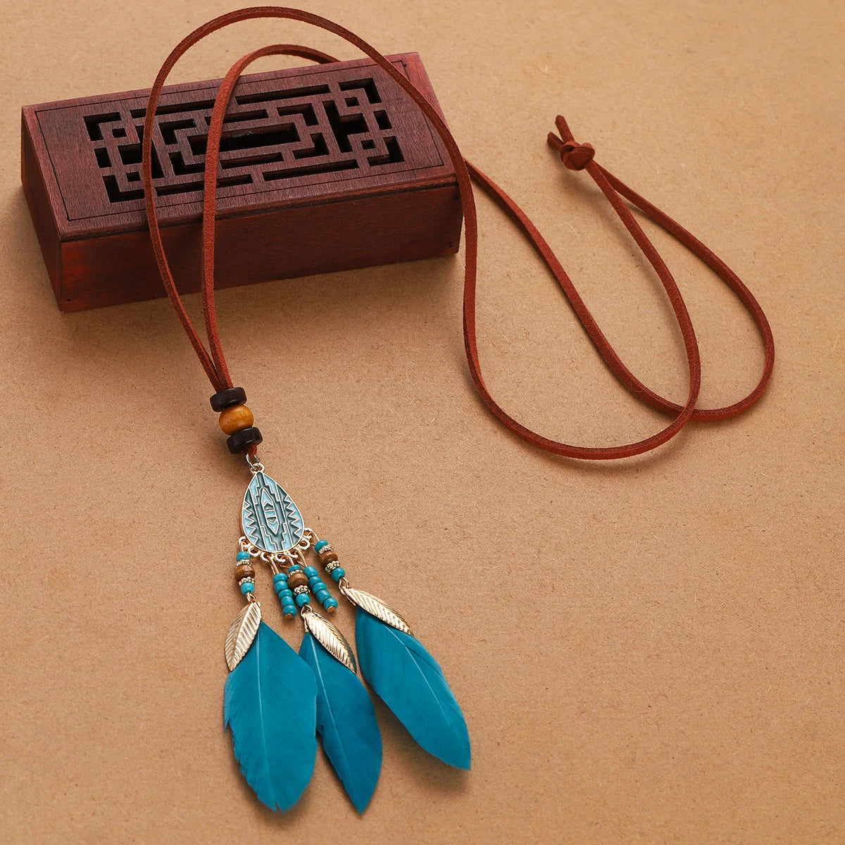 Rope Bead Feather Pendant Long Necklace Jewelry