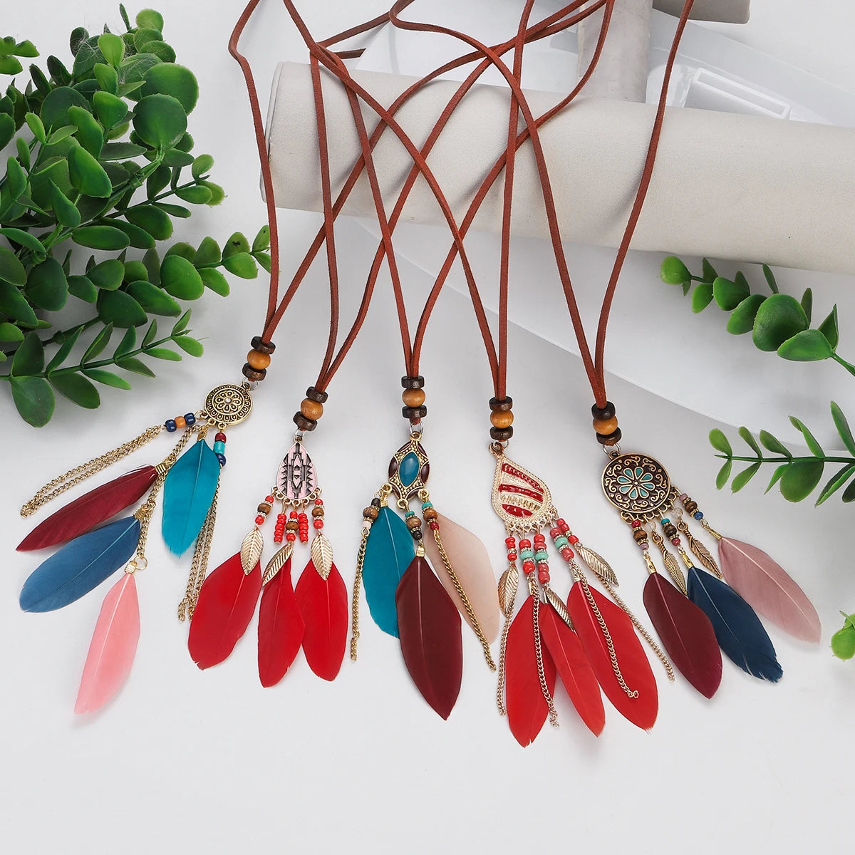 Rope Bead Feather Pendant Long Necklace Jewelry