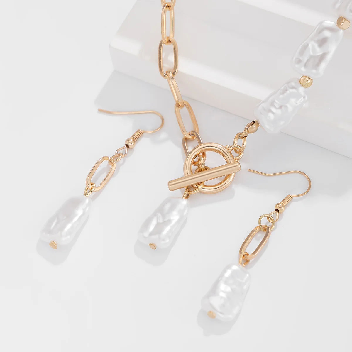 Square Pearl and Cross Chain Boho Necklace, Earring and Bracelet Set
