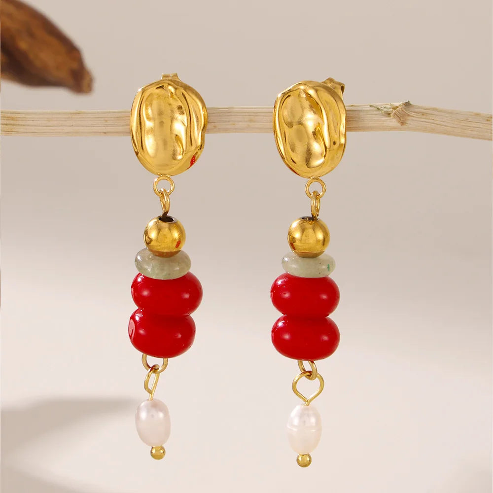 Multi-Color Natural Stone Dangle Earrings, Waterproof Stainless Steel Boho Jewelry
