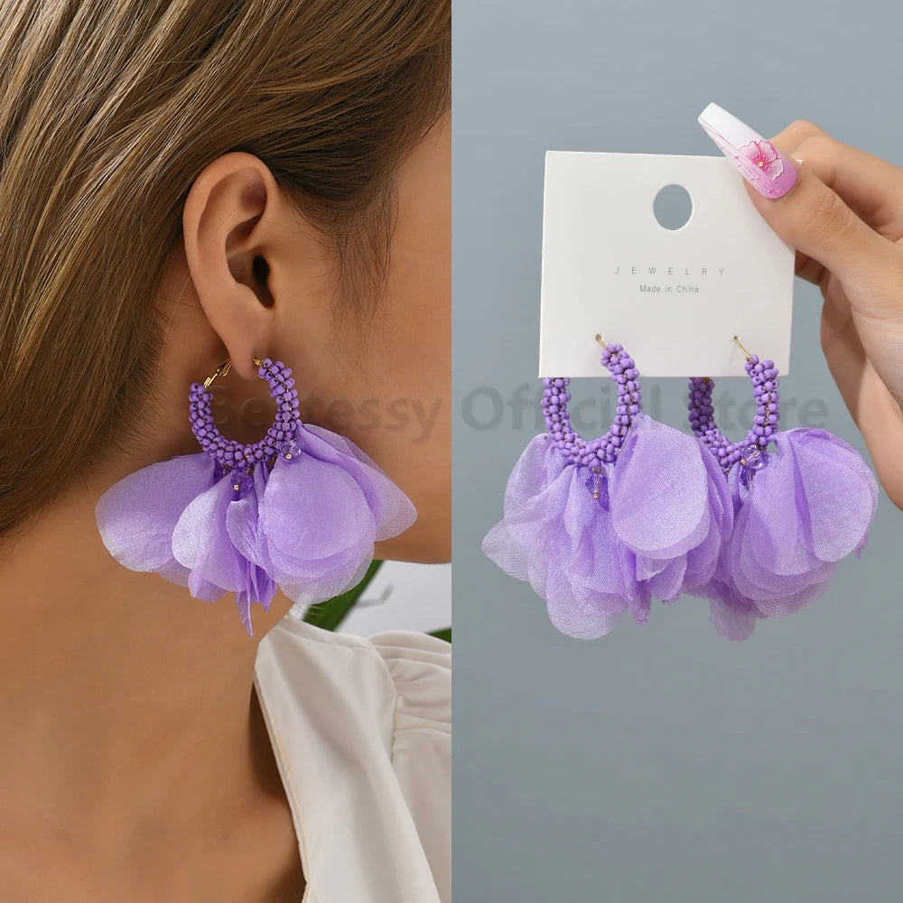 Cotton Flower Petal Beaded Tassel Earrings Jewelry